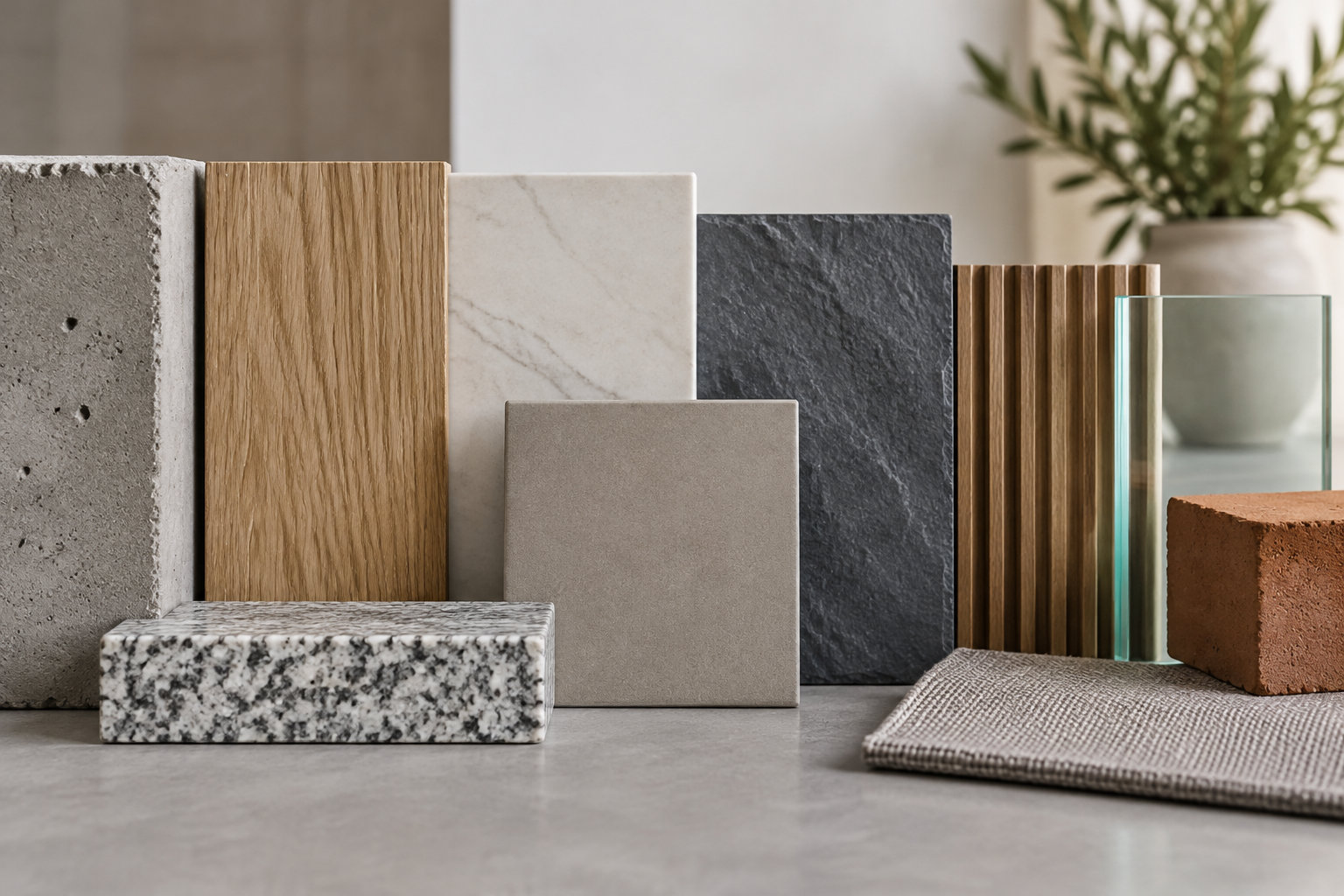 Des échantillons de béton, de bois, de pierre, de verre, de brique et de tissu sont disposés sur une table devant une plante.