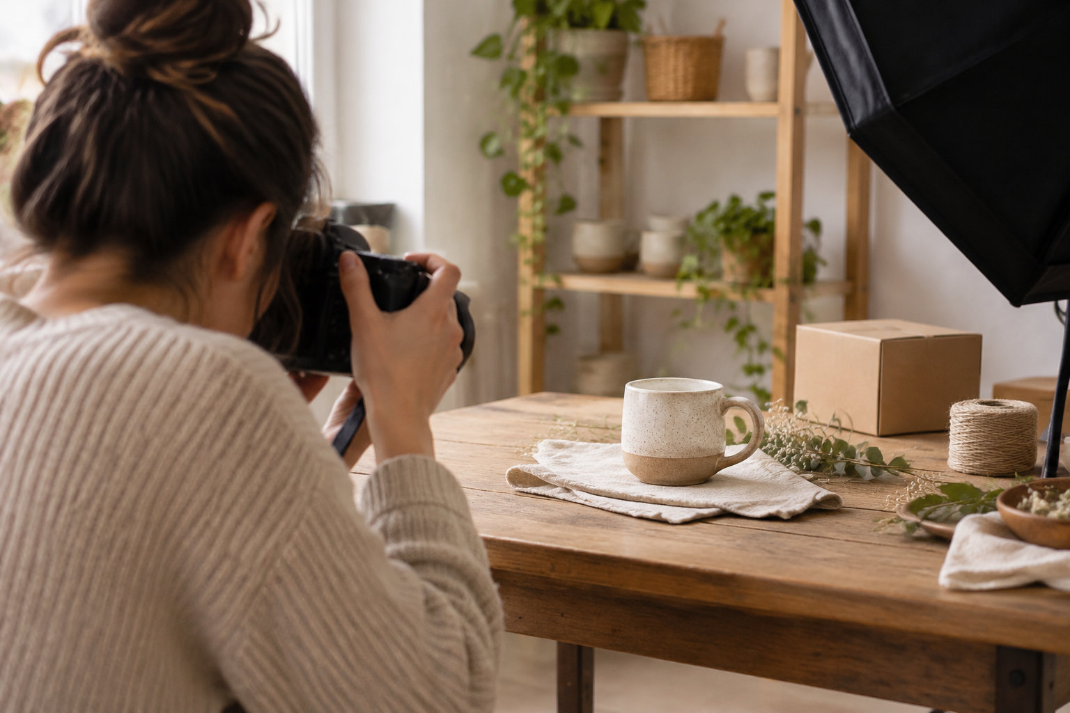 Une femme photographie une tasse en céramique posée sur un tissu, sur une table en bois aménagée pour une prise de vue.