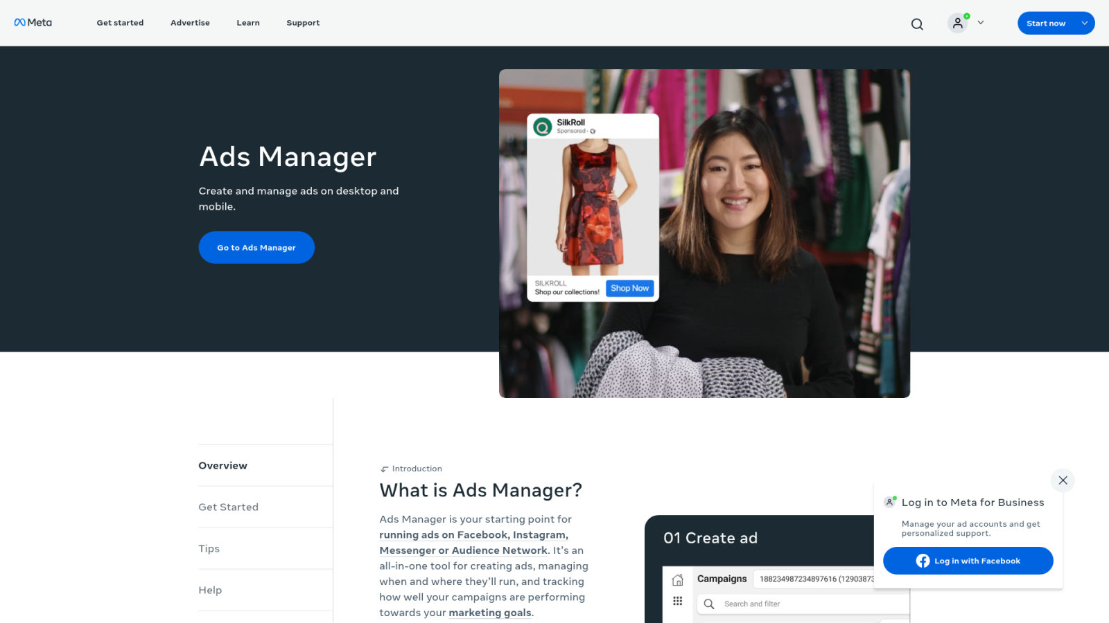 Une page web de gestionnaire de publicités avec, au centre, une femme souriante devant des vêtements suspendus et une fiche de produit superposée.