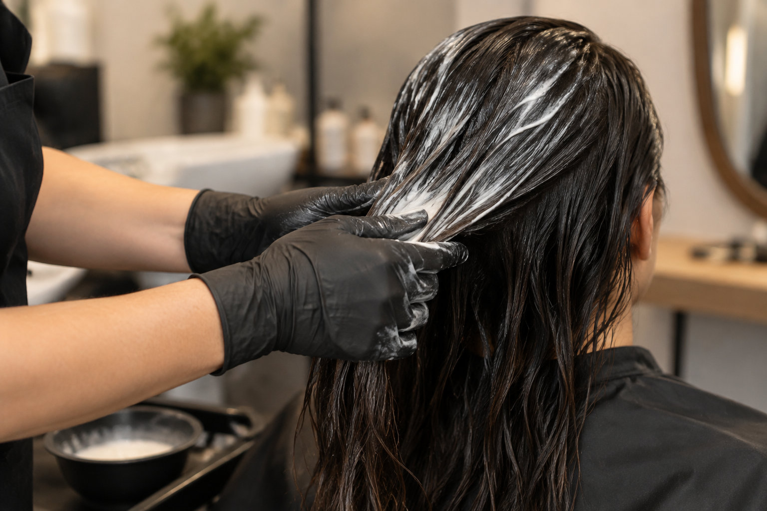 Une coiffeuse applique un produit blanc sur les cheveux d’une cliente dans un salon de coiffure.