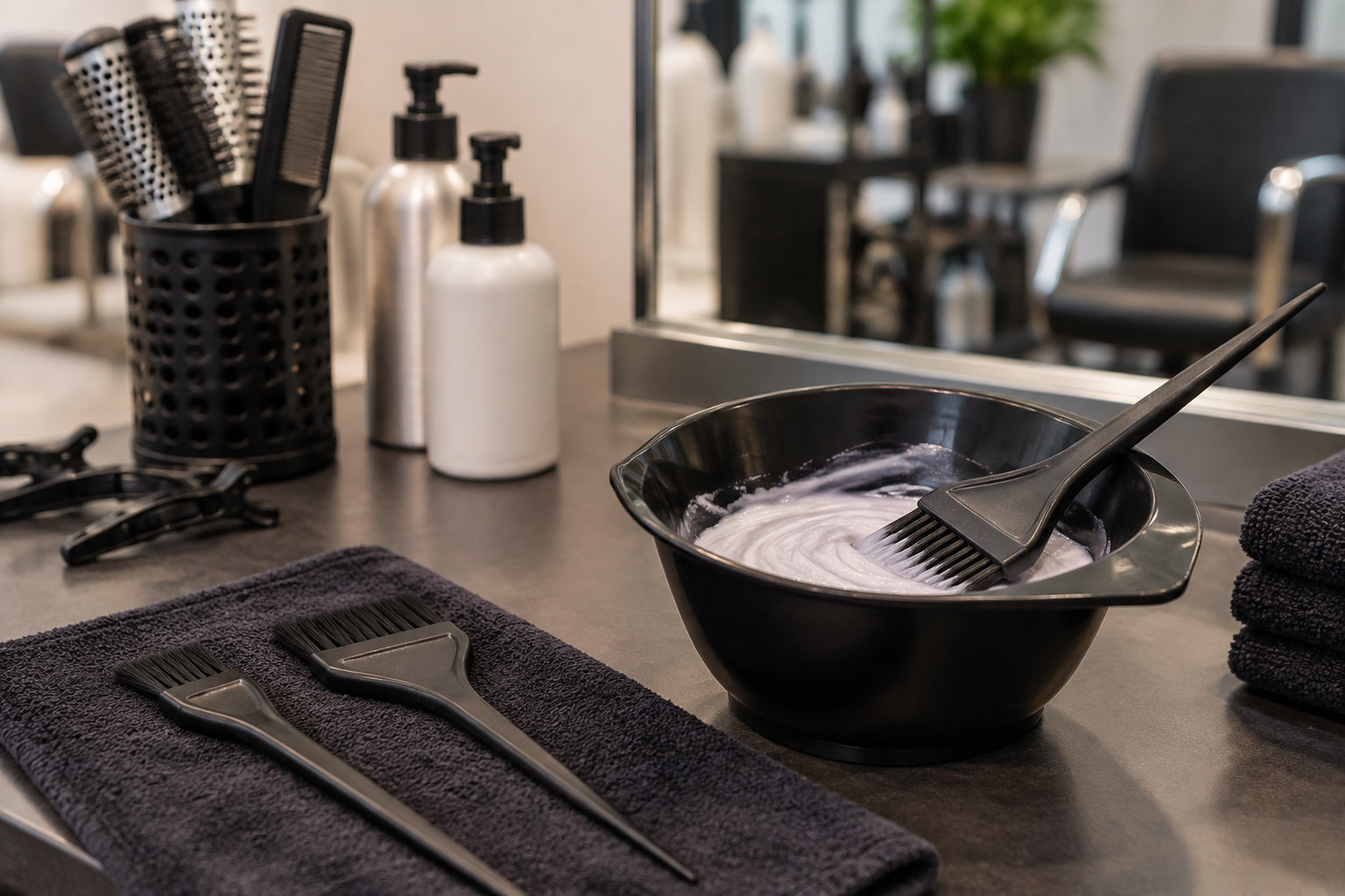 Un bol noir contenant une crème blanche et un pinceau sont posés sur un comptoir de salon de coiffure, près d’autres pinceaux, de peignes et de flacons.