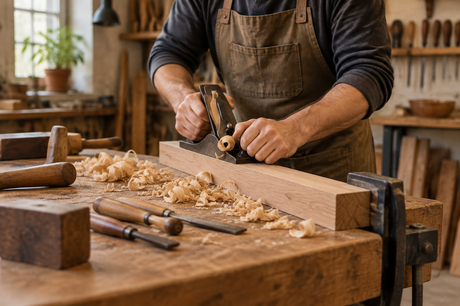 Un artisan en tablier rabote une planche de bois sur un établi couvert de copeaux et d’outils.