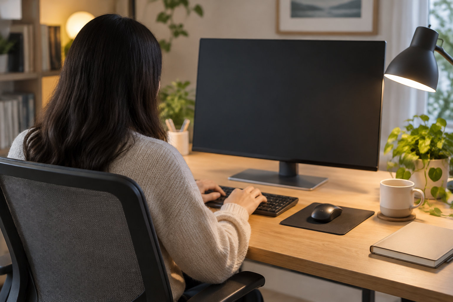 Une personne assise à un bureau utilise un clavier devant un écran noir, avec une souris, une tasse, un livre et des plantes autour.