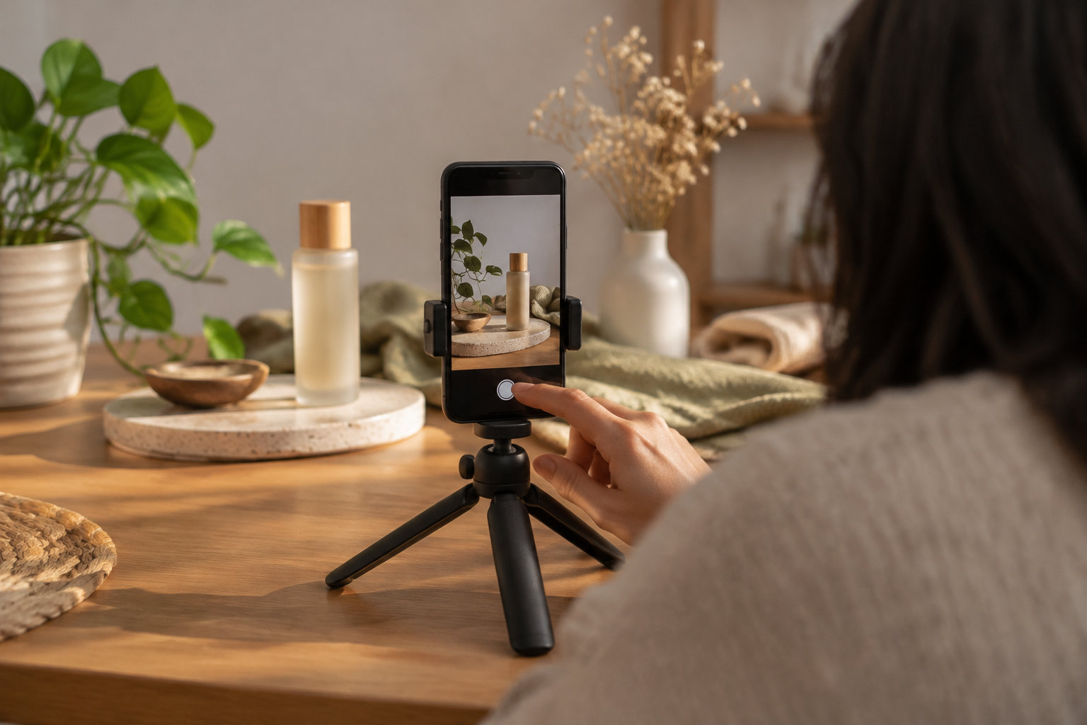 Une personne appuie sur l’écran d’un téléphone monté sur un petit trépied pour photographier un flacon posé sur un plateau, dans un intérieur décoré de plantes et de fleurs séchées.