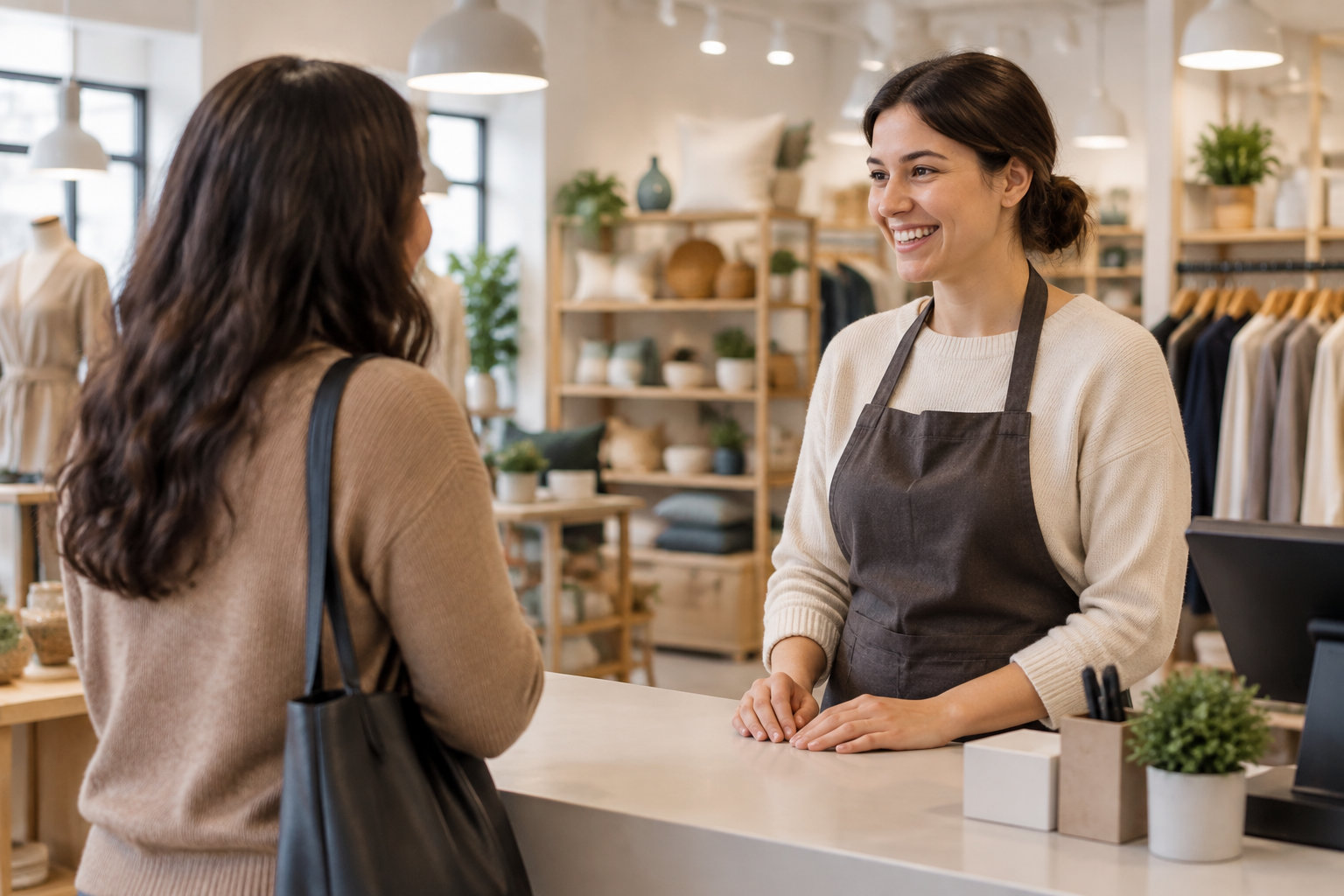 Une vendeuse souriante échange avec une cliente au comptoir d’une boutique de vêtements.