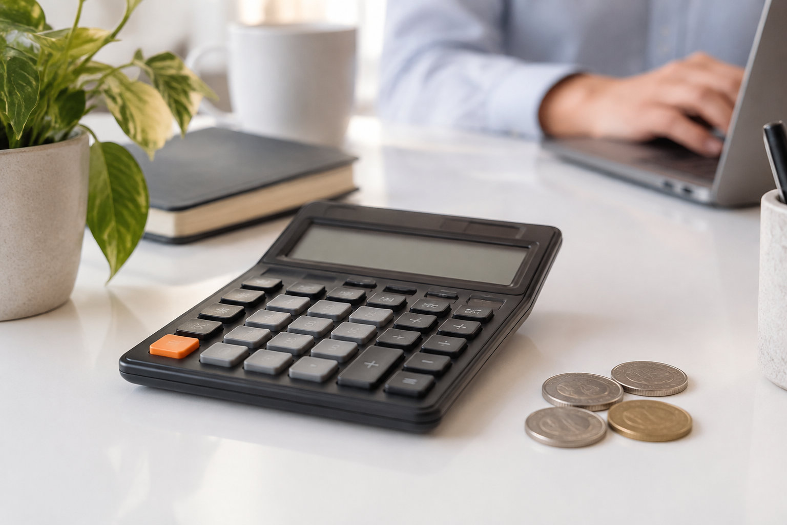 Une calculatrice, quatre pièces de monnaie et un carnet sont posés sur un bureau, près d’une plante, tandis qu’une personne utilise un ordinateur portable à l’arrière-plan.