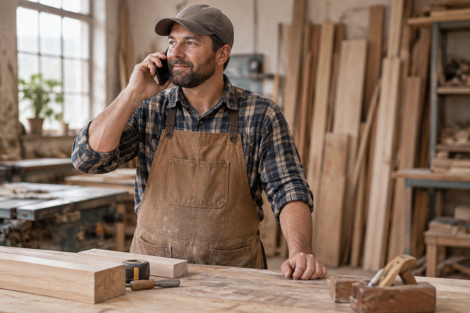 Un homme portant une casquette et un tablier parle au téléphone dans un atelier de menuiserie, près de planches et d’outils.