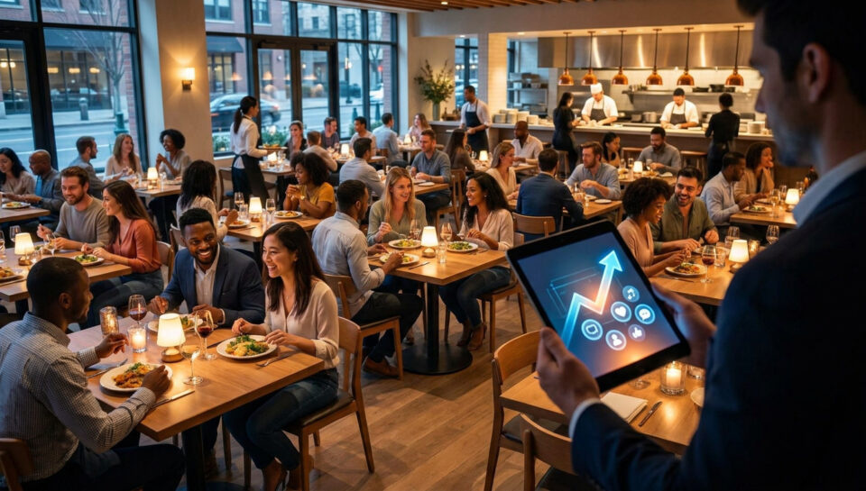 Un restaurateur consulte des données de croissance sur une tablette dans une salle de restaurant animée et complète.