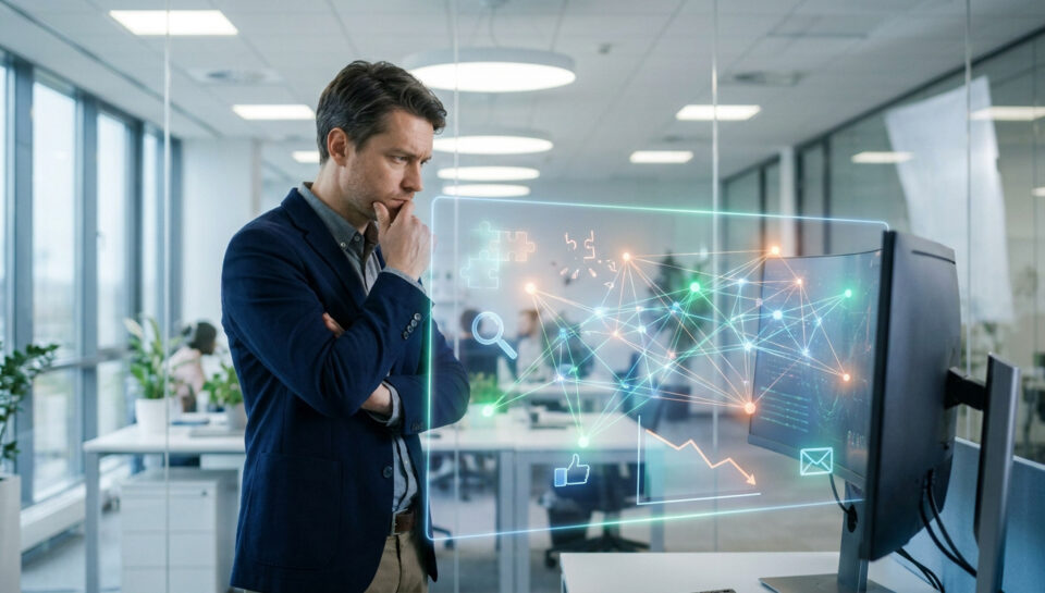 Un professionnel en costume observe pensivement un écran holographique affichant des données et réseaux marketing.