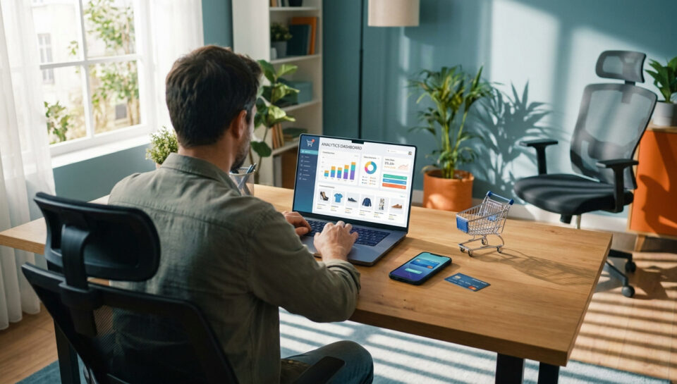 Un entrepreneur travaillant sur son ordinateur portable affichant un tableau de bord e-commerce dans un bureau lumineux.